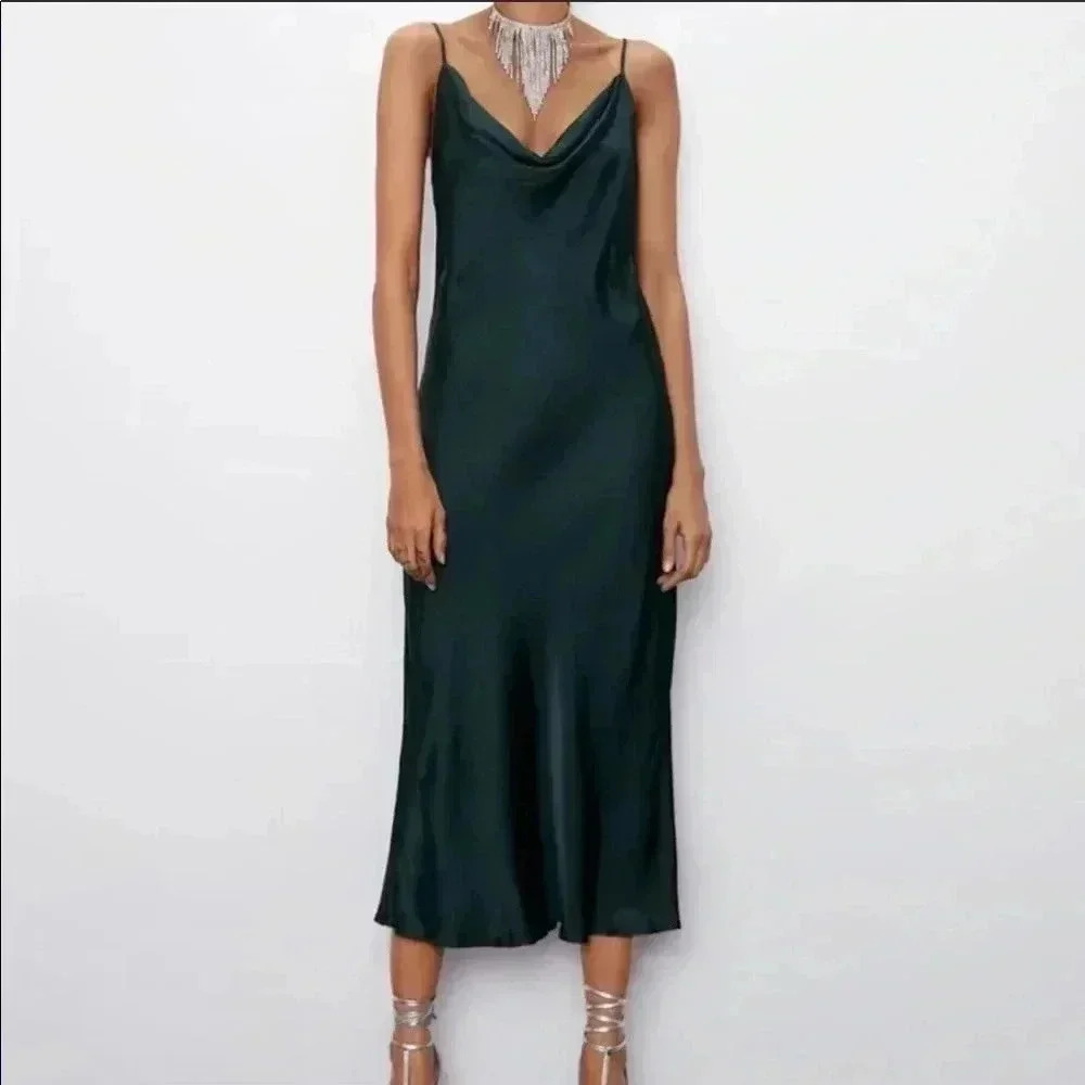 ZARA Green Satin Midi Dress